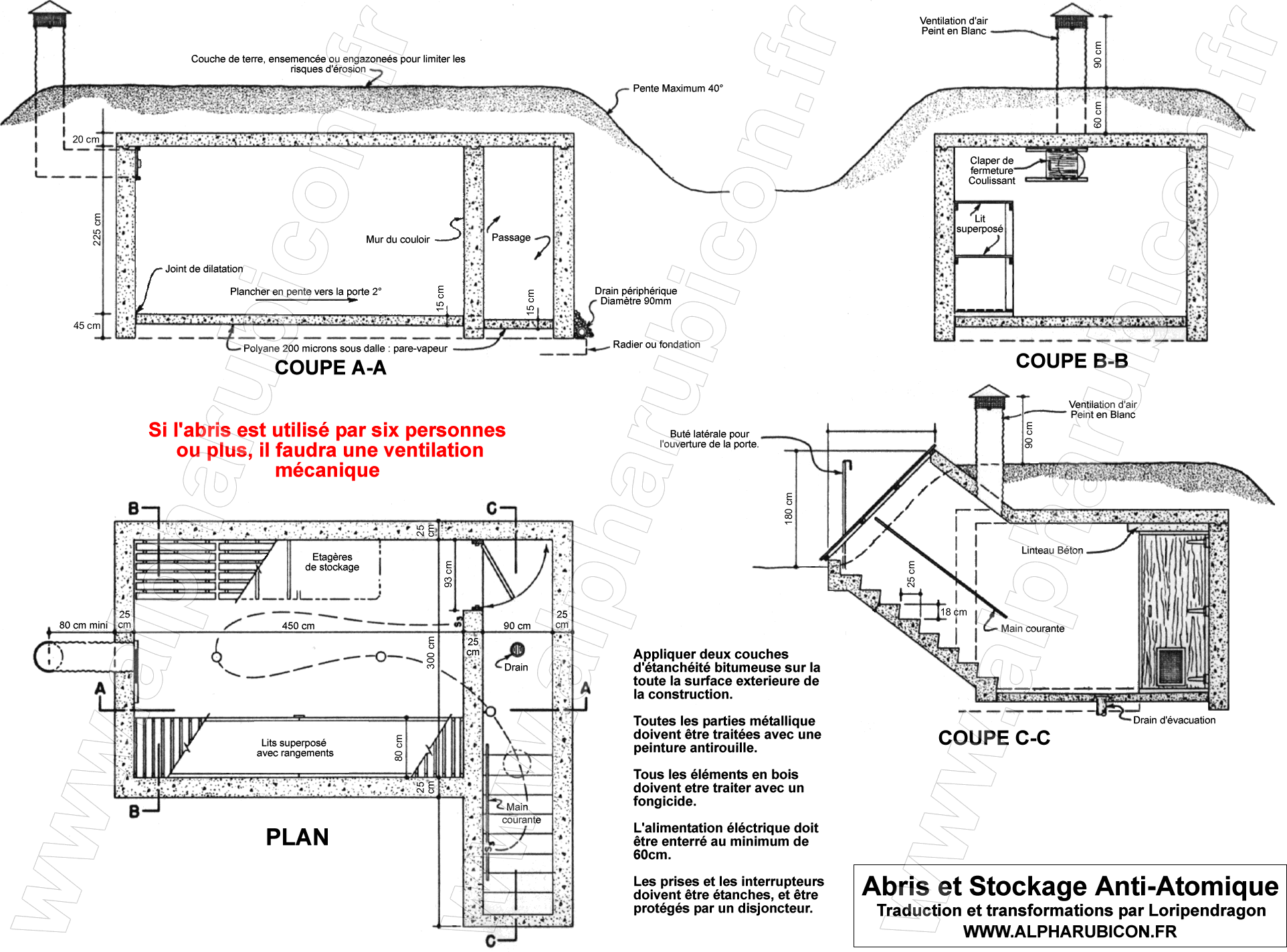 Plan en français d’un abri enterré en béton armé, avec vue de dessus, coupes et accès