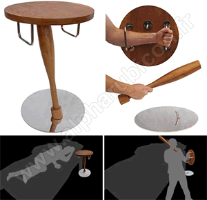 Illustration d'une table de nuit démontable avec plateau bouclier et pied amovible