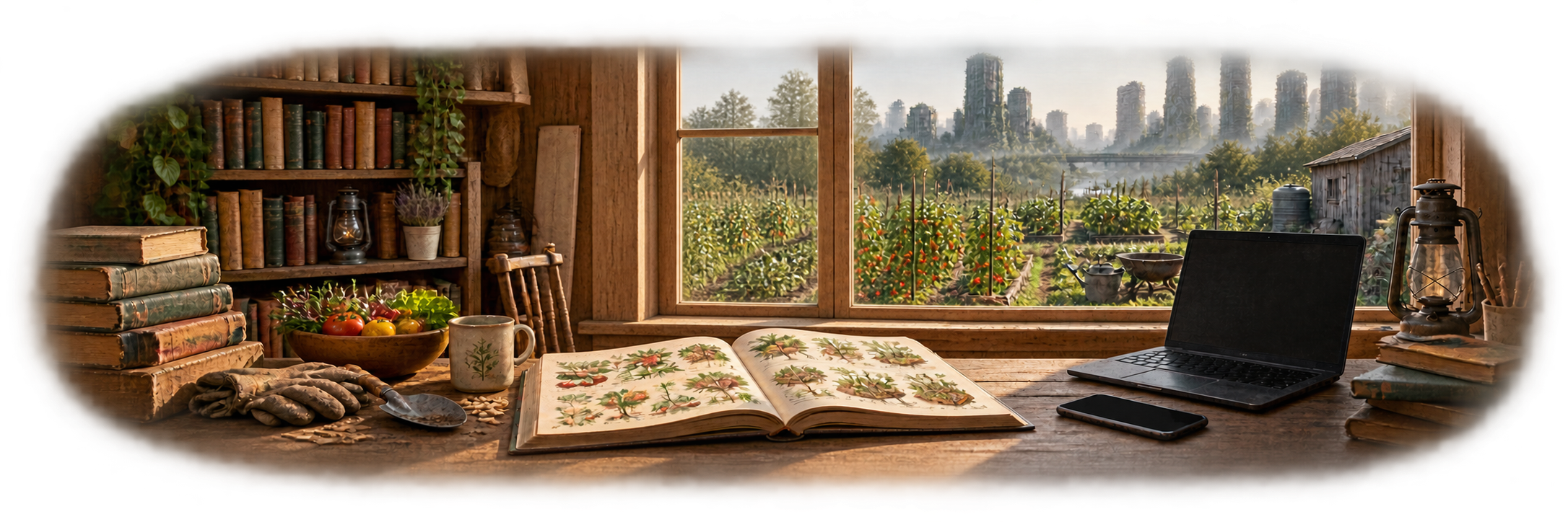 Livres papier et ouvrage de jardinage ouverts devant un potager, avec un ordinateur éteint